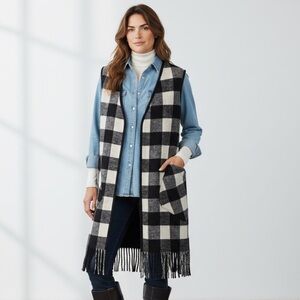 SØSKEN Wool Blend Fringed B&W Buffalo Checked Vest